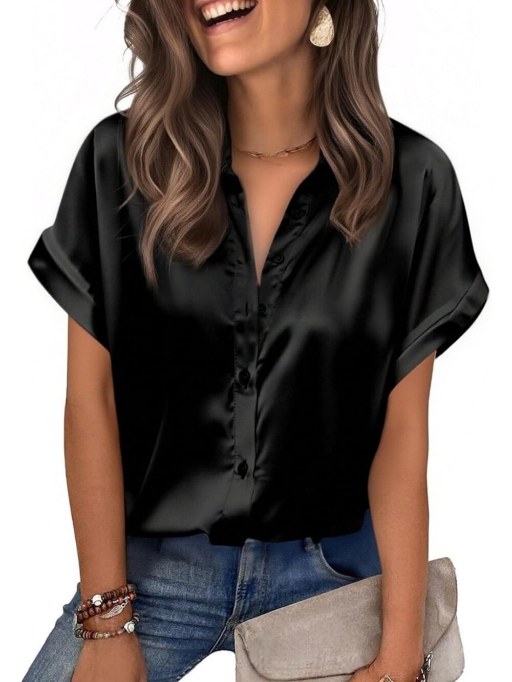 Elegant Satin Blouse for Women | Short Sleeve Silk Top | Button Down Shirt
